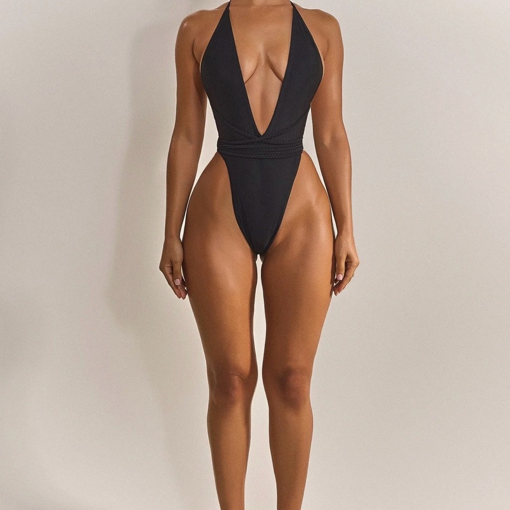 Plunging Black Halter One-Piece Swimsuit with Braided Waist